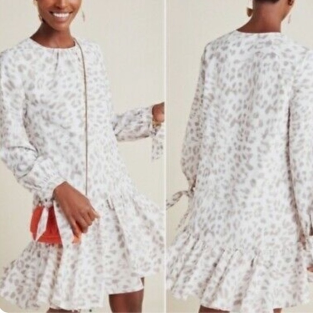Anthropologie Mare Mare Womens White Felix Leopard Ruffle Tunic Dress Size L NWT